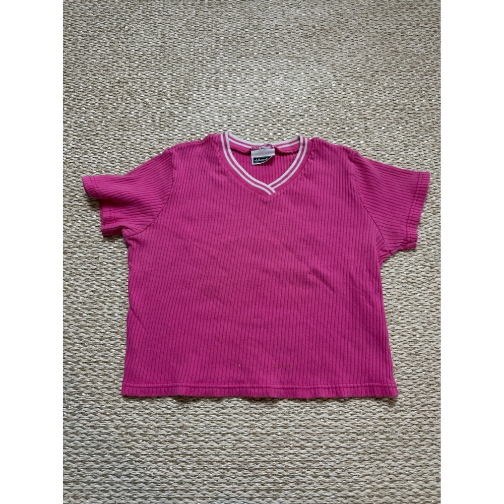 Vintage Xhilaration Hot Pink Ribbed V-Neck Varsity y2k Baby Tee Top Size XL